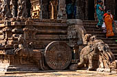 The great Chola temples of Tamil Nadu - The Airavatesvara temple of Darasuram. the porch extension of the mandapa, with balustrades decorated with elephants and prancing horses pulling wheels.